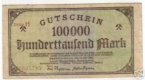 Banknote Inflation 100000 Mark Stadt Hamborn a.Rh. 1923