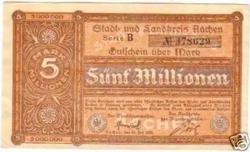 Banknote Inflation 5 Millionen Mark Stadt Aachen 1923