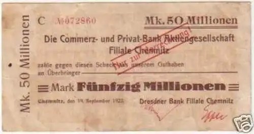 Banknote Inflation 50 Millionen Chemnitz 19.09.1923