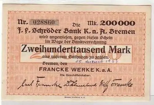 Banknote Inflation 200000 Mark Francke Werke Bremen1923