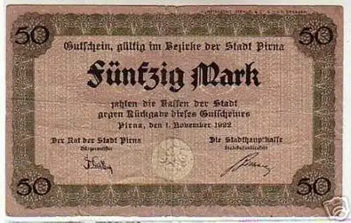 seltene Banknote Notgeld 50 Mark Stadt Pirna 1923