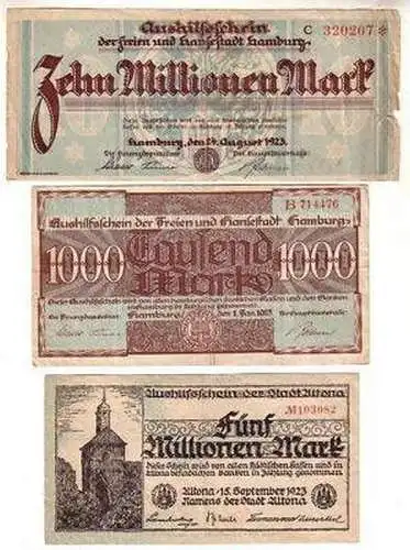 3 Banknoten Inflation Stadt Hamburg und Altona 1923