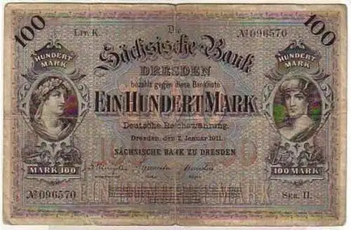 Banknote 100 Mark Sächsische Bank Dresden 1911