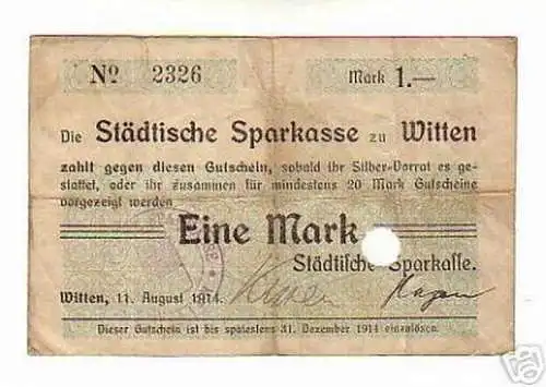 seltene Banknote 1 Mark 1914 Sparkasse Witten