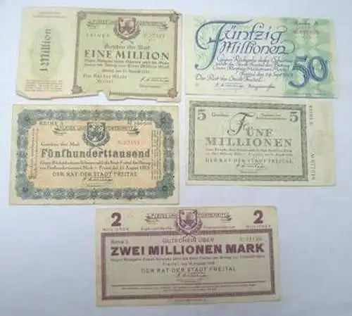 5 Banknoten Inflation Stadt Freital 1923