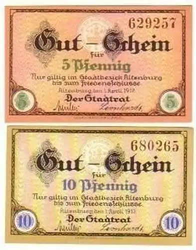 2 kassenfrische Banknoten Notgeld Stadt Altenburg 1917