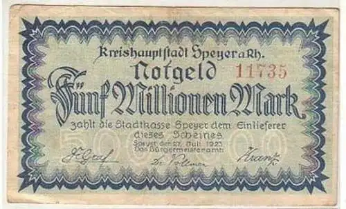 Banknote Inflation 5 Millionen Mark Stadt Speyer 1923