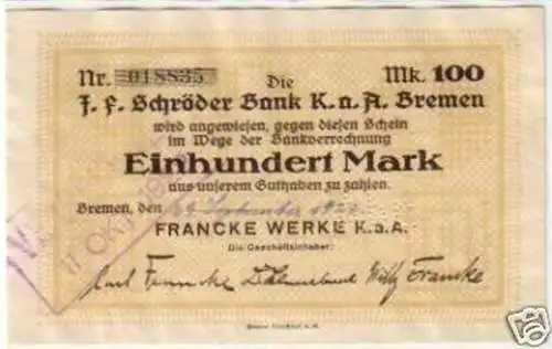 Banknote Inflation 100 Mark Bremen Francke Werke 1922