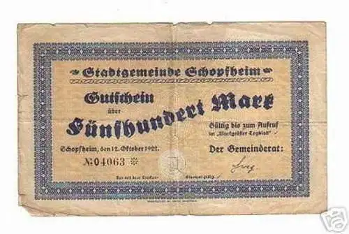 seltene Banknoten Inflation Gemeinde Schopfheim 1922