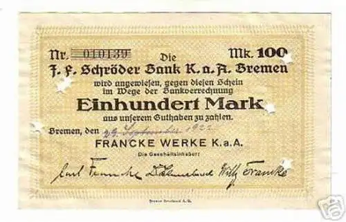 seltene Banknote 100 Mark Francke Werke Bremen 1922