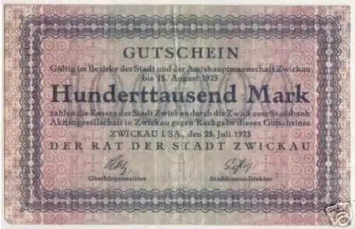 Banknote Inflation 100 000 Mark Stadt Zwickau 1923