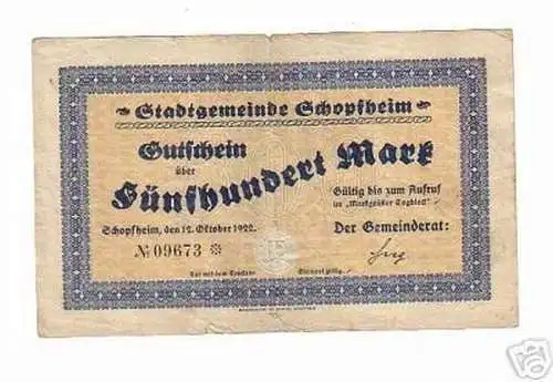 seltene Banknoten Inflation Gemeinde Schopfheim 1922