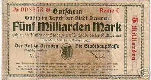 seltene Banknote Inflation 5 Milliarden Stadt Dresden