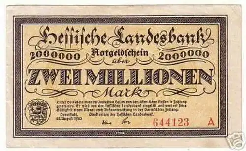 Banknote Inflation 2 Millionen Darmstadt 22.08.1923