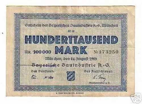 rare Banknote Inflation 100000 Mark München 1923