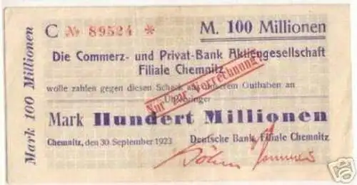 seltene Banknote Inflation Chemnitz 100 Millionen Mark