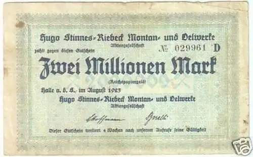 Banknote Inflation 2 Millionen Mark Halle August.1923