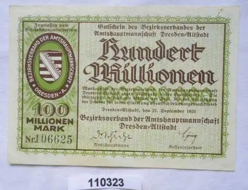 100 Millionen Mark Banknote Inflation Amtshauptmannschaft Dresden 1923 (110323)