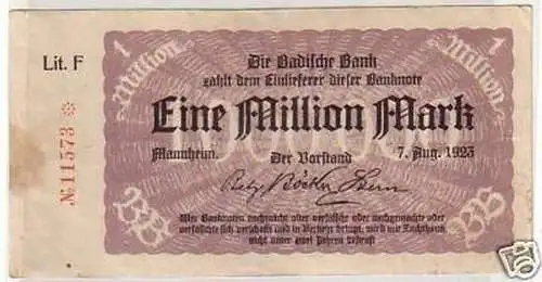 1 Million Mark Banknote Inflation Mannheim 07.08.1923