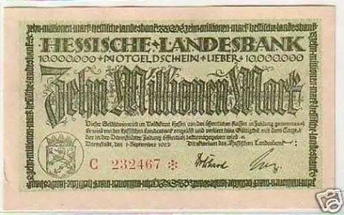 10 Millionen Mark Banknote Inflation Darmstadt 1.9.1923