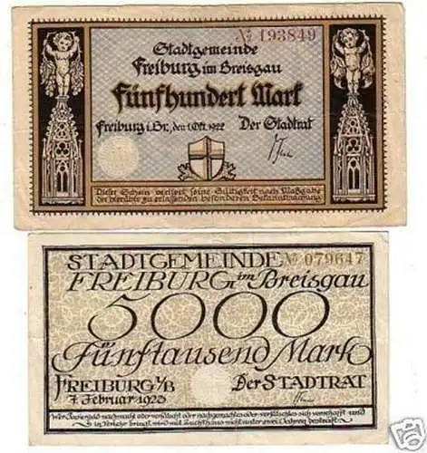 2 Banknoten Inflation Freiburg im Breisgau 1922-1923