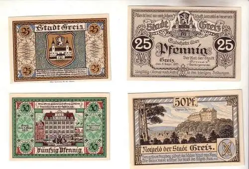 4 Banknoten Notgeld der Stadt Greiz 1921