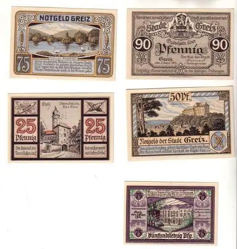 5 Banknoten Notgeld der Stadt Greiz 1921