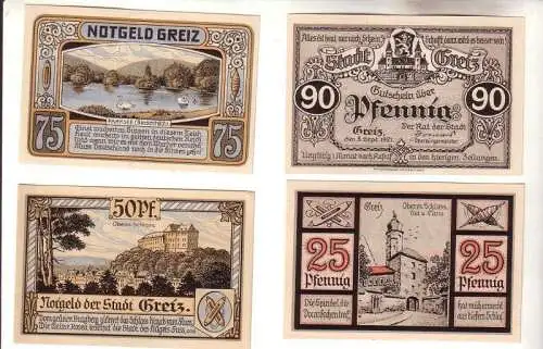 4 Banknoten Notgeld der Stadt Greiz 1921