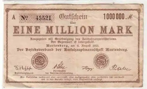 Banknote 1 Million Mark Inflation Marienberg 11.08.1923