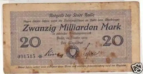 Inflation Banknote 20 Milliarden Mark Halle Saale 1923