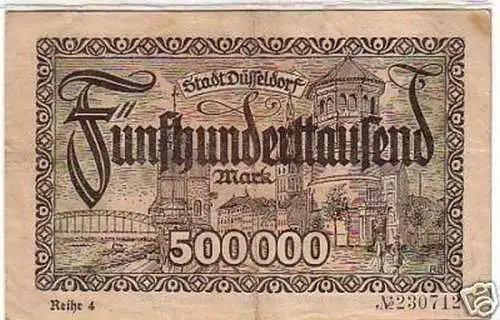 Banknote Inflation 500000 Mark Stadt Düsseldorf 1923