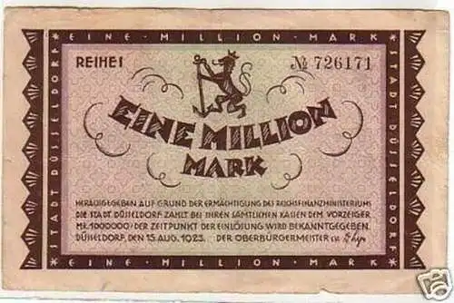 Banknote Inflation 1 Million Mark Stadt Düsseldorf 1923