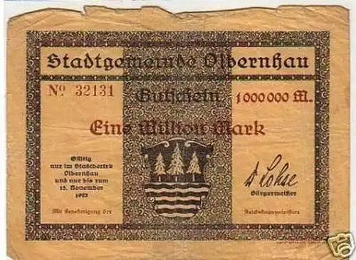 Inflation Banknote 1 Million Mark Olbernhau 1923