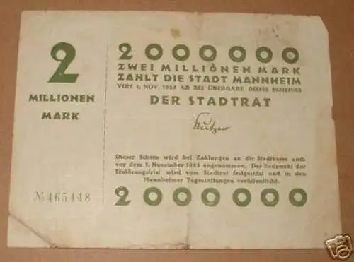 rare Banknote Inflation 2 Millionen Mannheim 1923