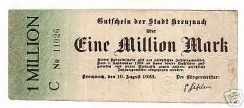 seltene Banknote Inflation 1 Million M. Stadt Kreuznach