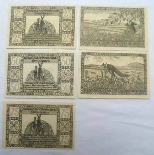 5 Banknoten Notgeld Gemeinde Hemdingen 1922