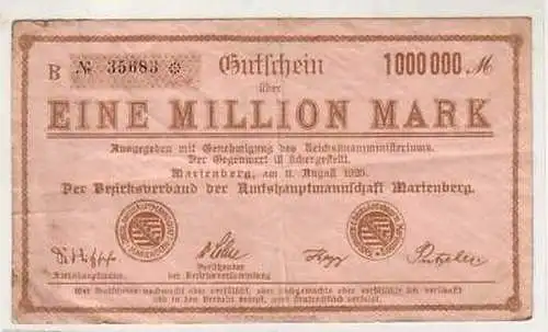 Banknote 1 Million Mark Inflation Marienberg 11.08.1923