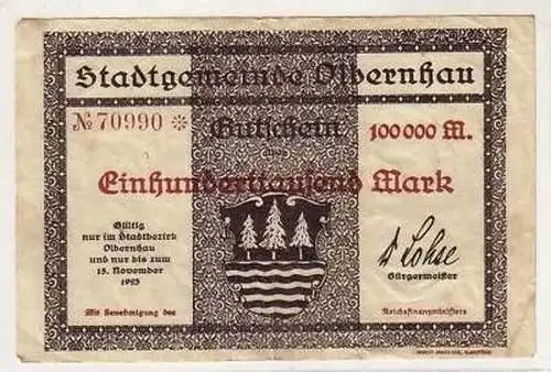 Banknote 100000 Mark Inflation Olbernhau 15.11.1923