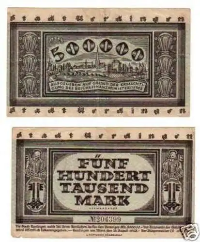 Banknote Inflation 500000 Mark Stadt Uerdingen 1923