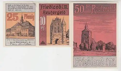 kompl. Serie mit 3 Banknoten Notgeld Reutergeld der Stadt Friedland um 1922