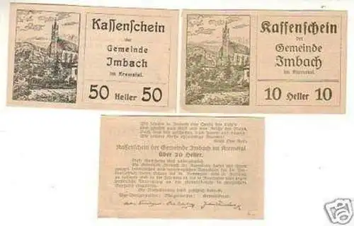 3 Banknoten Notgeld Gemeinde Imbach im Kremstal 1920