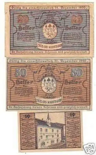 3 Banknoten Notgeld der Marktgemeinde Aigen 1920