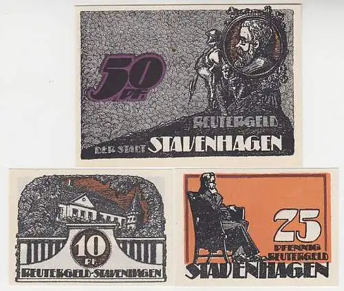 kompl. Serie mit 3 Banknoten Notgeld Reutergeld der Stadt Stavenhagen um 1922