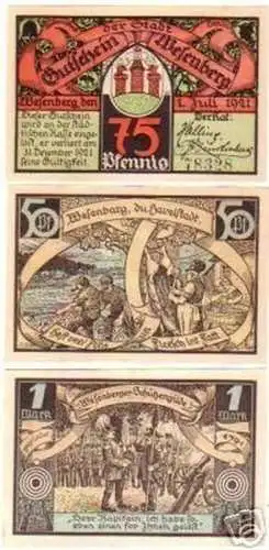 3 Banknoten Notgeld der Stadt Wesenberg 1921