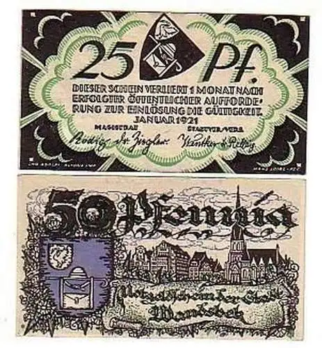 2 Banknoten Notgeld Stadt Wandsbek 1921