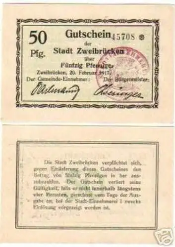 2 Banknoten Notgeld Stadt Zweibrücken 1917