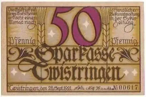 50 Pfennig Banknote Notgeld Sparkasse Twistringen 1921