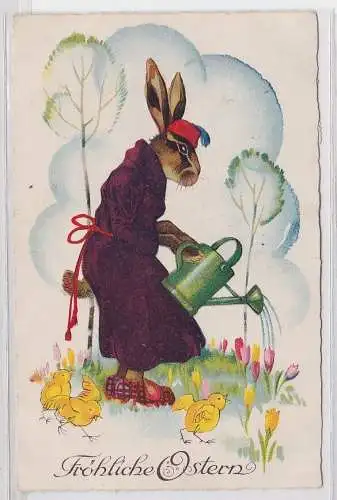84218 Fröhliche Ostern Ak Hase mit Morgenmantel, Pantoffeln & Gießkanne 1928