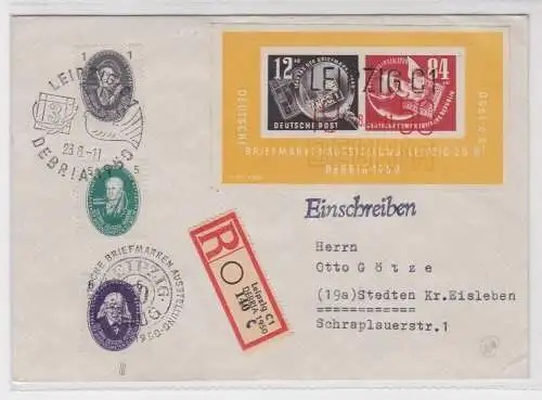 907186 DDR Brief Einschreiben Briefmarkenausstellung DEBRIA Leipzig 1950 Block 7