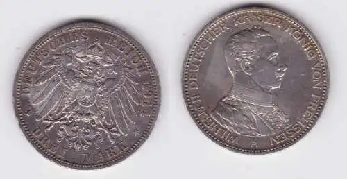 3 Mark Silbermünze Preussen Kaiser Wilhelm II in Uniform 1913 Jäger 112 (120576)